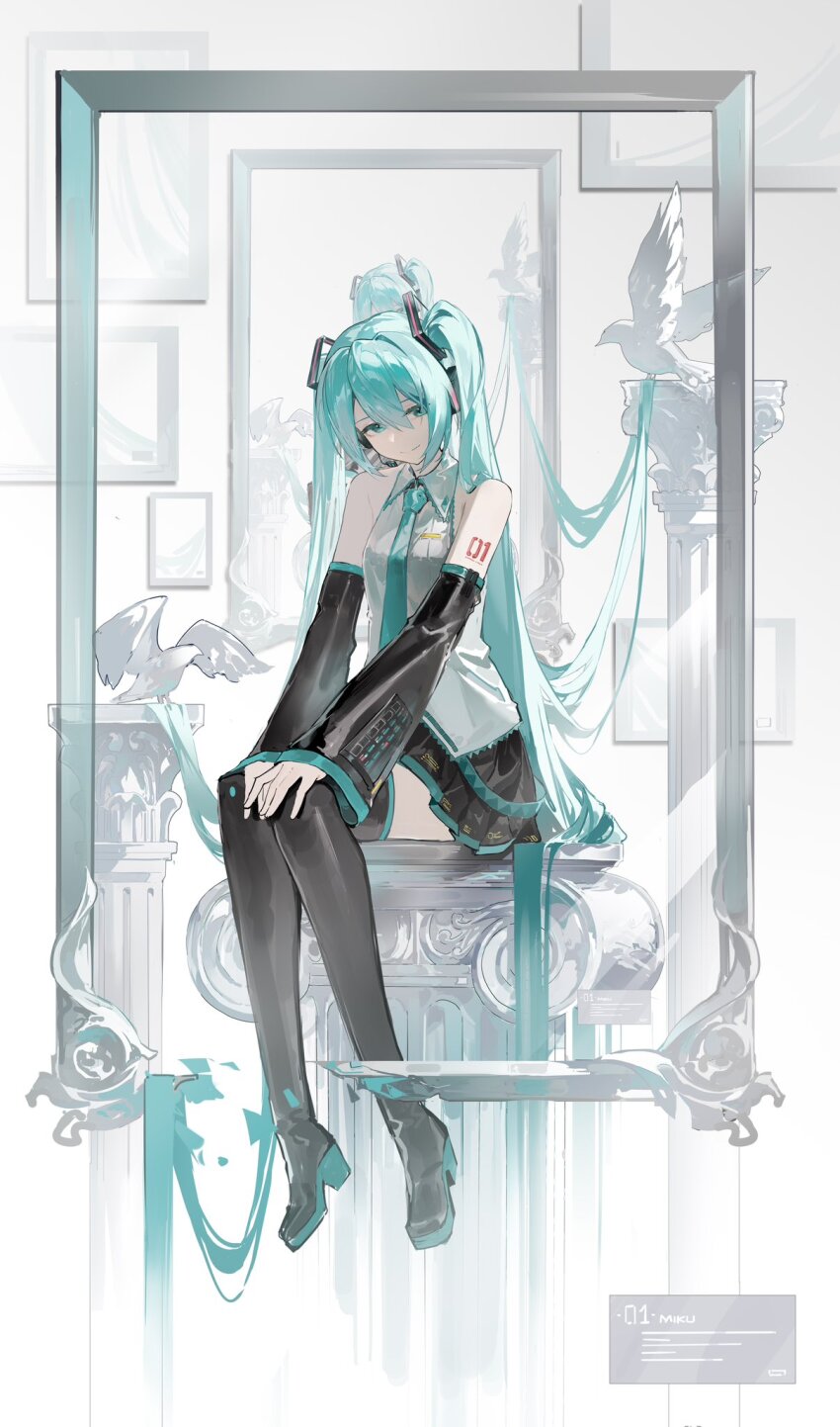 1girl aqua_eyes aqua_hair aqua_necktie aqua_trim black_footwear black_skirt black_sleeves black_thighhighs boots detached_sleeves grey_shirt hands_on_own_thighs hatsune_miku highres jiu_ye_sang mirror necktie shirt sitting skirt thigh_boots thighhighs twintails vocaloid