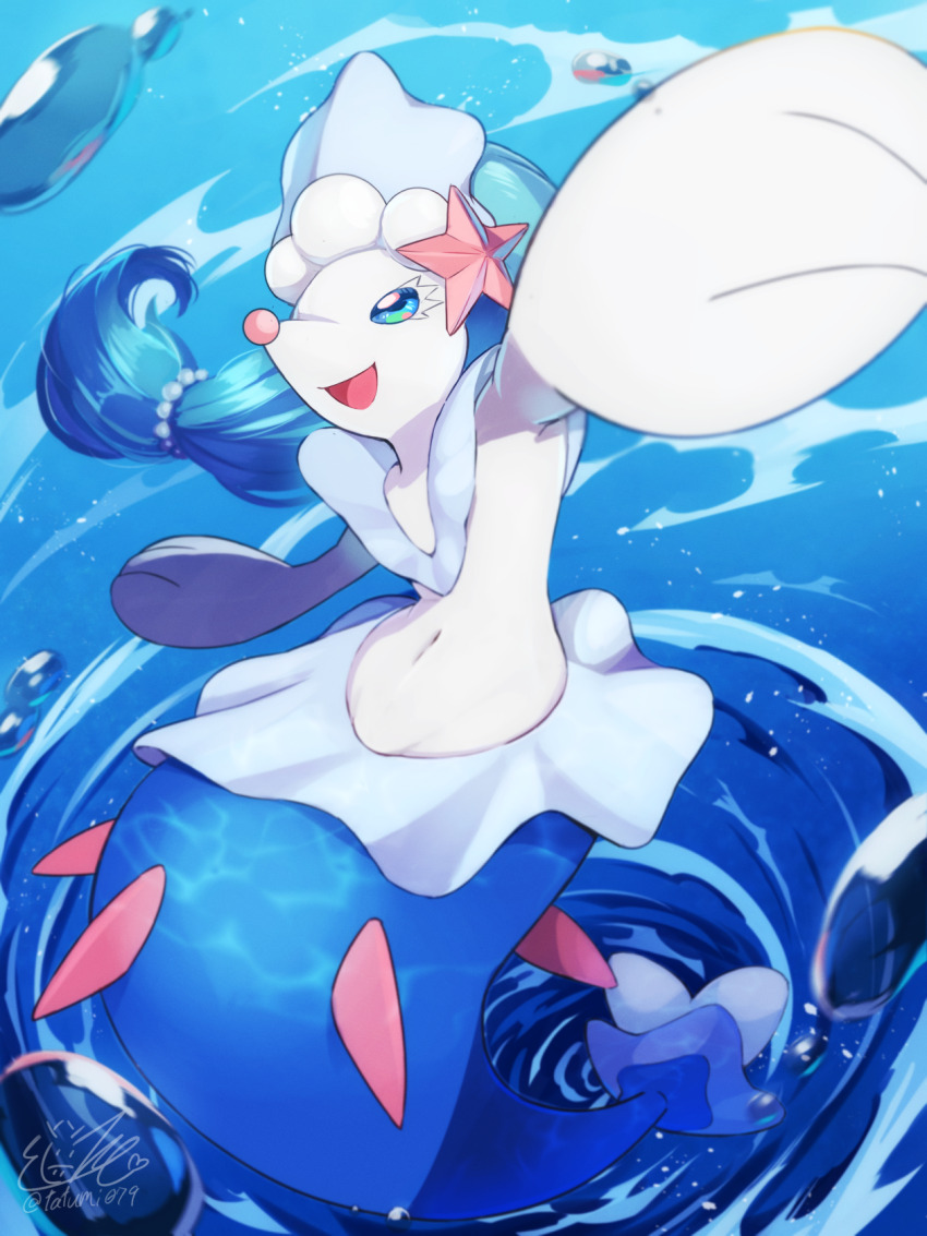 1other blue_eyes blue_hair bubble creatures_(company) furry game_freak gem gen_7_pokemon hair_ornament hat highres long_hair navel nintendo open_mouth other_focus pearl_(gemstone) pokemon pokemon_(creature) primarina smile solo spikes starfish_hair_ornament tatsumi_(panneko) very_long_hair water whirlpool_(pokemon)