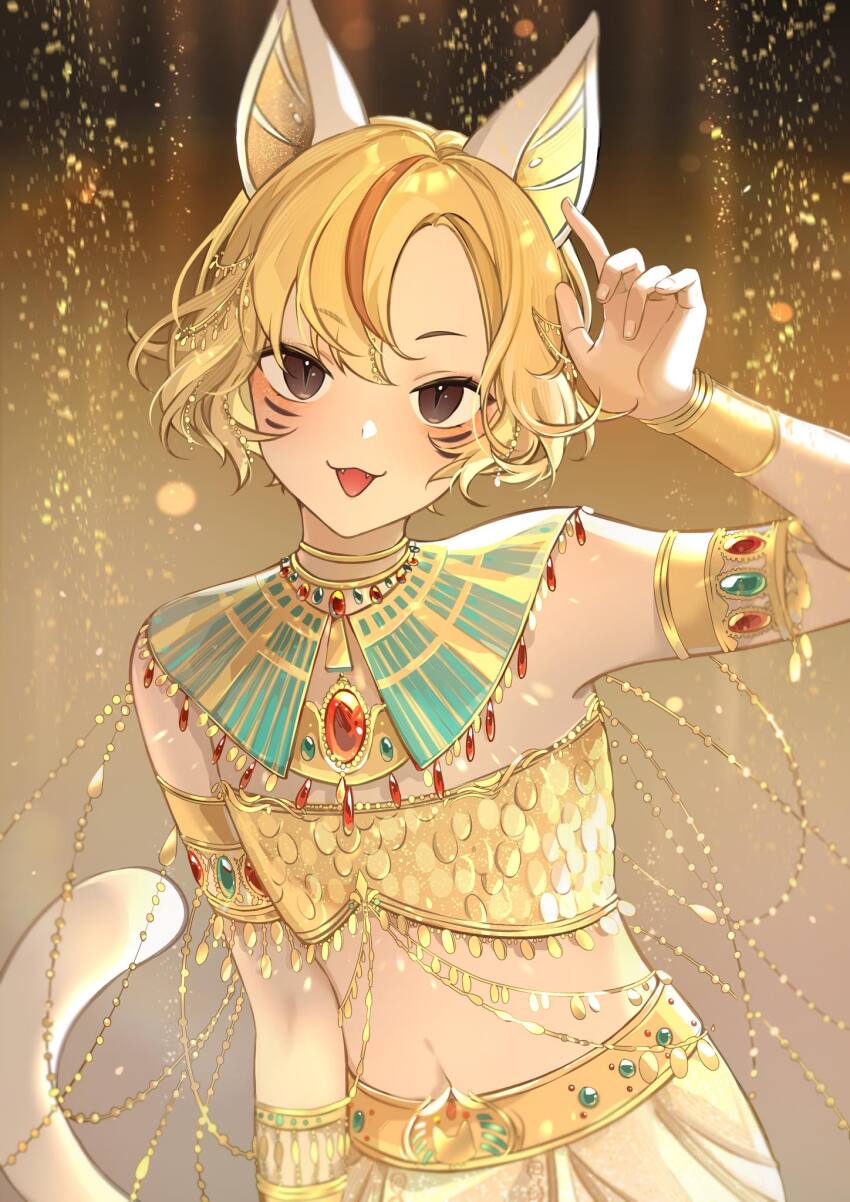 1girl :3 ancient_egyptian_clothes animal_ears arm_at_side arm_up armlet bare_shoulders blonde_hair brown_eyes cat_ears cat_tail commentary_request eden_(eden871225) facial_mark fangs fingernails flat_chest gem gold_armlet green_gemstone highres jewelry looking_at_viewer midriff multicolored_hair navel nikki_(series) orange_hair parted_hair red_brooch red_gemstone shining_nikki short_hair skirt solo streaked_hair tail tongue tongue_out two-tone_hair upper_body white_tail