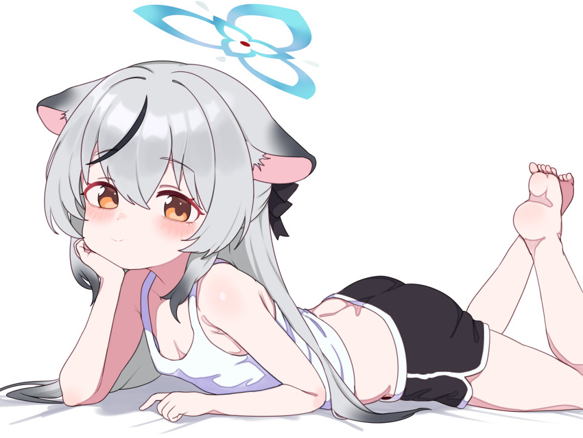 1girl absurdres alternate_costume animal_ears black_shorts blue_archive blue_halo dolphin_shorts grey_hair halo hand_on_own_cheek hand_on_own_face head_rest highres kokona_(blue_archive) lk149 long_hair looking_at_viewer lying multicolored_hair on_stomach shirt shorts smile solo streaked_hair tank_top tiger_ears tiger_girl white_background white_shirt white_tank_top