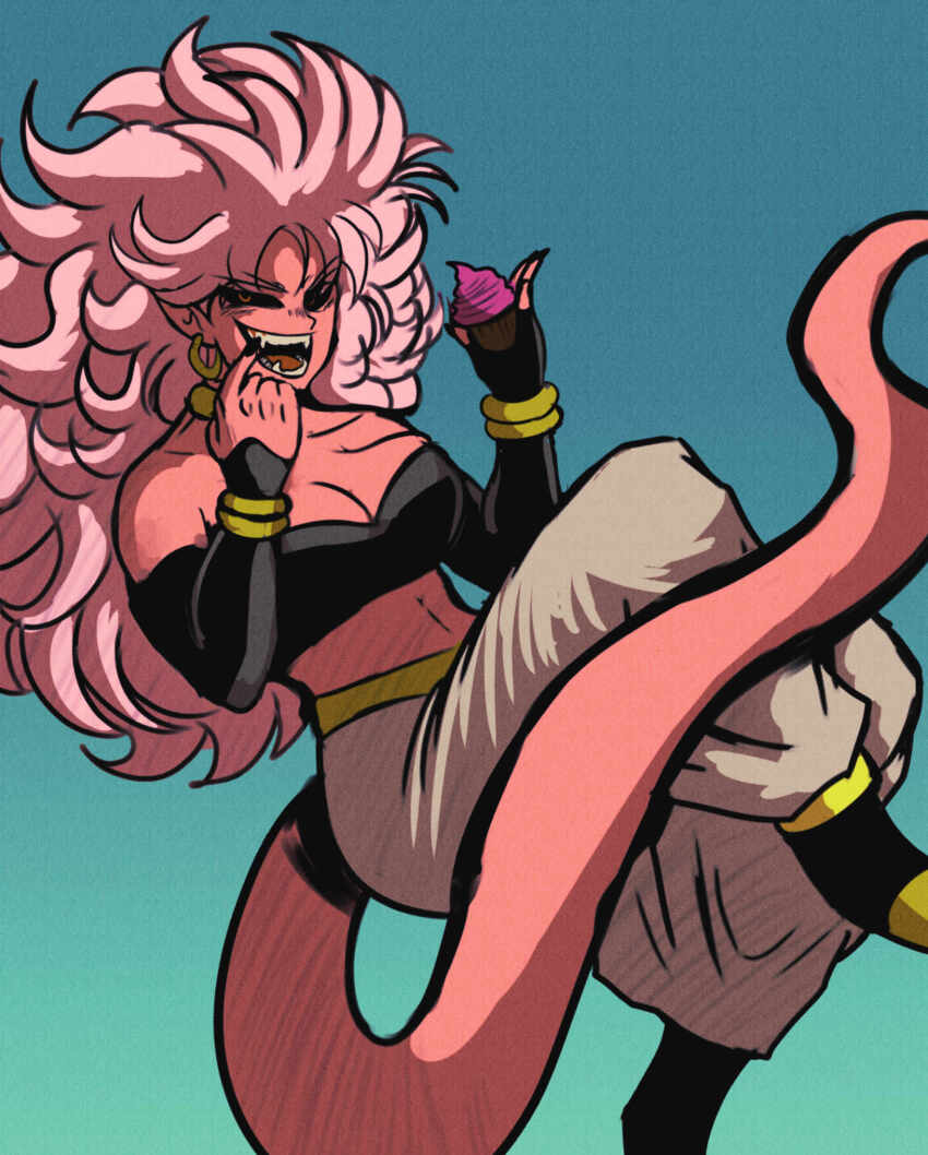 1girl android_21 bandeau black_bandeau black_nails black_sclera breasts chakkrx cleavage collarbone colored_sclera colored_skin commentary cupcake detached_sleeves dragon_ball dragon_ball_fighterz earrings fingerless_gloves food gloves harem_pants highres holding holding_food hoop_earrings jewelry large_breasts majin_android_21 open_mouth pants pink_eyes pink_hair pink_skin single_detached_sleeve single_fingerless_glove smile solo tail