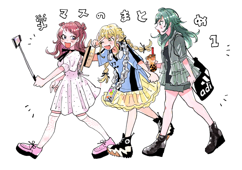 3girls ;d adidas blonde_hair blush braid brown_hair bubble_tea commentary_request converse cup disposable_cup dress fujita_kotone full_body gakuen_idolmaster green_hair hair_flaps hanami_saki hat hat_on_back headphones headphones_around_neck highres holding holding_cup idolmaster kate_zzz long_hair multiple_girls one_eye_closed open_mouth polka_dot polka_dot_dress selfie_stick shoes simple_background smile sneakers straw_hat thighhighs tsukimura_temari twin_braids v walking white_background white_thighhighs