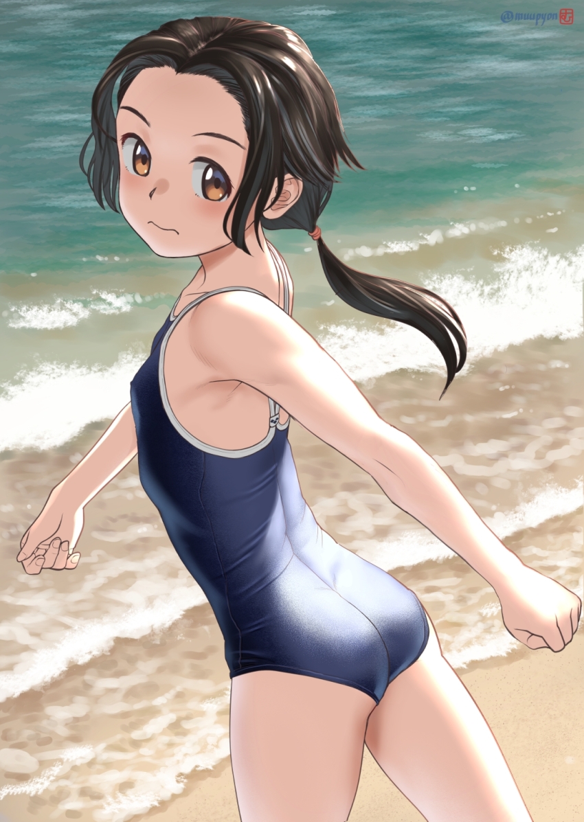 1girl arena_(company) ass bare_arms bare_shoulders beach black_hair blue_one-piece_swimsuit breasts closed_mouth commentary_request competition_school_swimsuit cowboy_shot expressionless forehead from_side highres looking_at_viewer looking_to_the_side low_ponytail medium_hair mu-pyon one-piece_swimsuit orange_eyes original outdoors paid_reward_available sand school_swimsuit small_breasts solo swimsuit tareme walking water waves