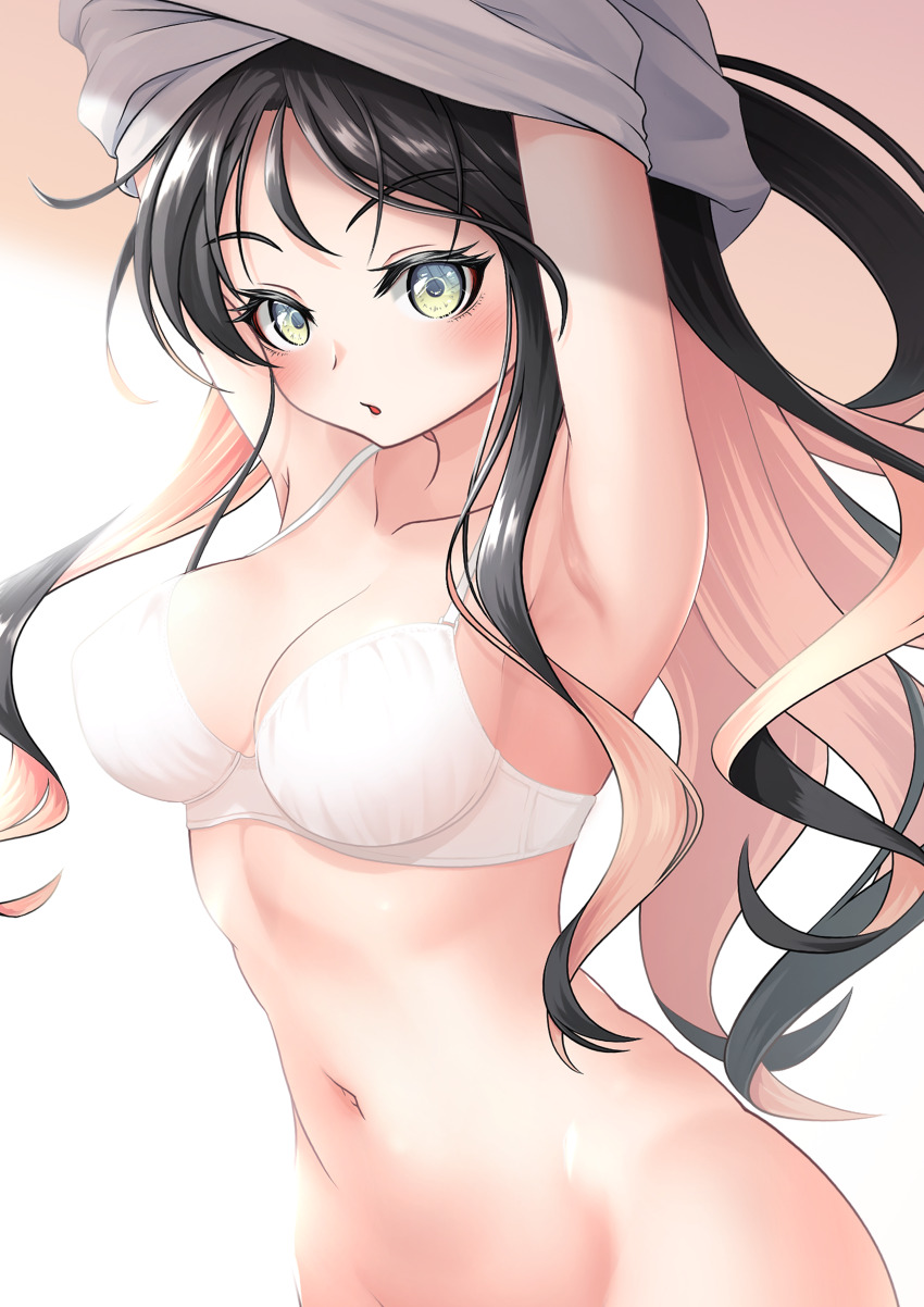 1girl absurdres armpits arms_up black_hair blush bra breasts cleavage collarbone commentary_request contrapposto curly_hair green_eyes highres kantai_collection long_hair looking_at_viewer makura_(y_makura) medium_breasts multicolored_hair naganami_(kancolle) navel no_panties parted_lips pink_hair shirt shirt_over_head shirt_partially_removed solo two-tone_hair underwear undressing upper_body wavy_hair white_bra white_shirt