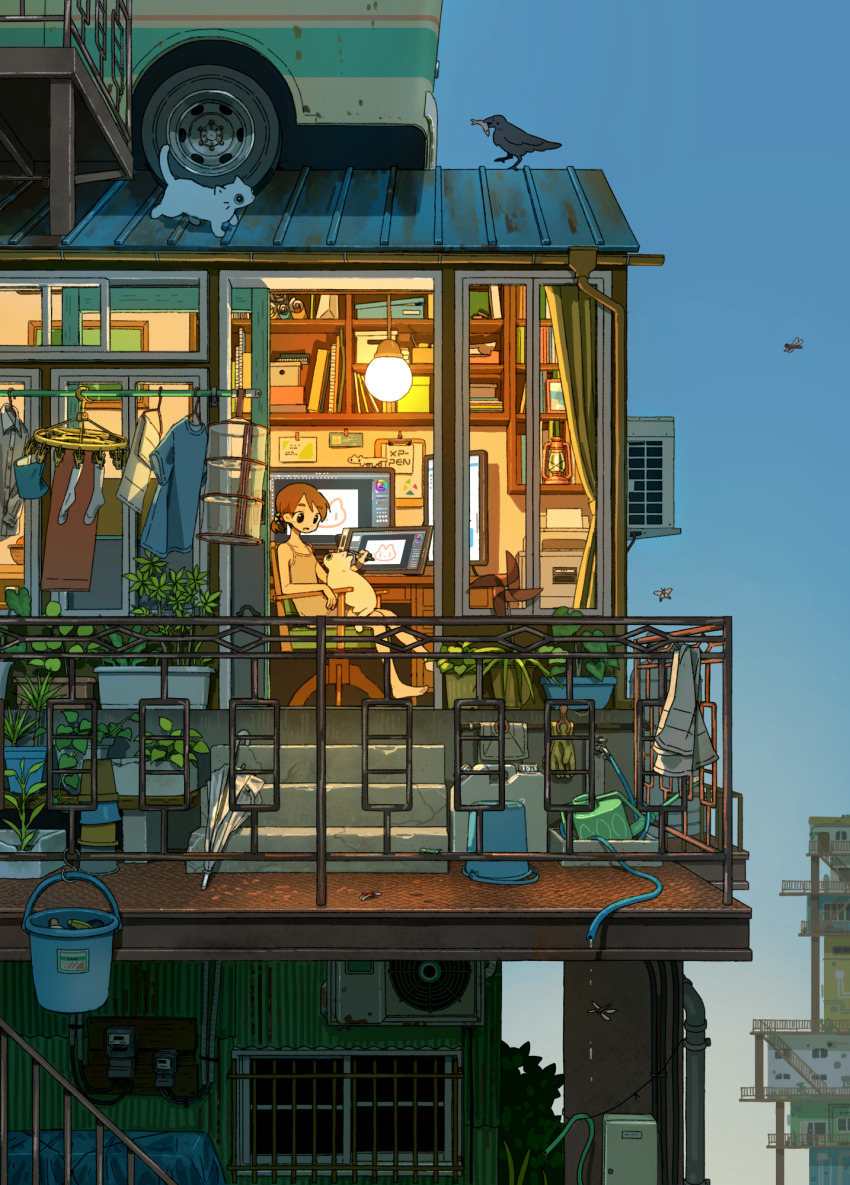 1girl bird black_eyes blue_sky brown_hair bucket bug building camisole cat from_outside grey_camisole grey_shorts highres indoors open_mouth original plant potted_plant screen shadow shelf shirt short_hair shorts sitting sky solo stairs tao_(tao15102) umbrella white_cat wide_shot