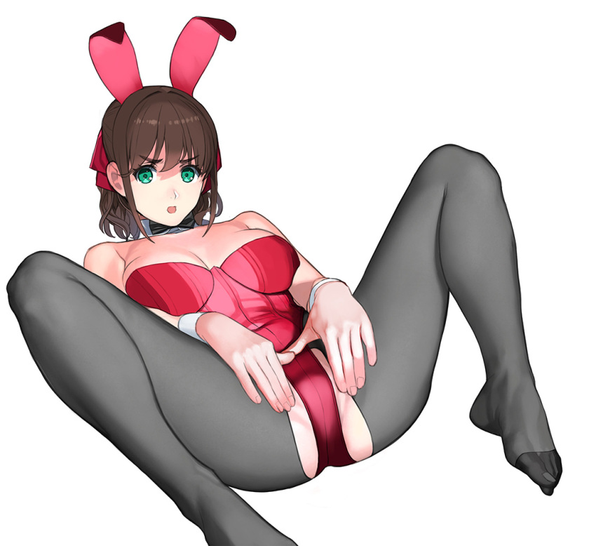 1girl bare_shoulders black_pantyhose breasts brown_hair cleavage green_eyes hair_ribbon hands_on_own_crotch leotard looking_at_viewer lying medium_breasts mibu_natsuki no_shoes on_back open_mouth original pantyhose playboy_bunny red_leotard red_ribbon ribbon simple_background solo spread_legs torn_clothes torn_pantyhose white_background