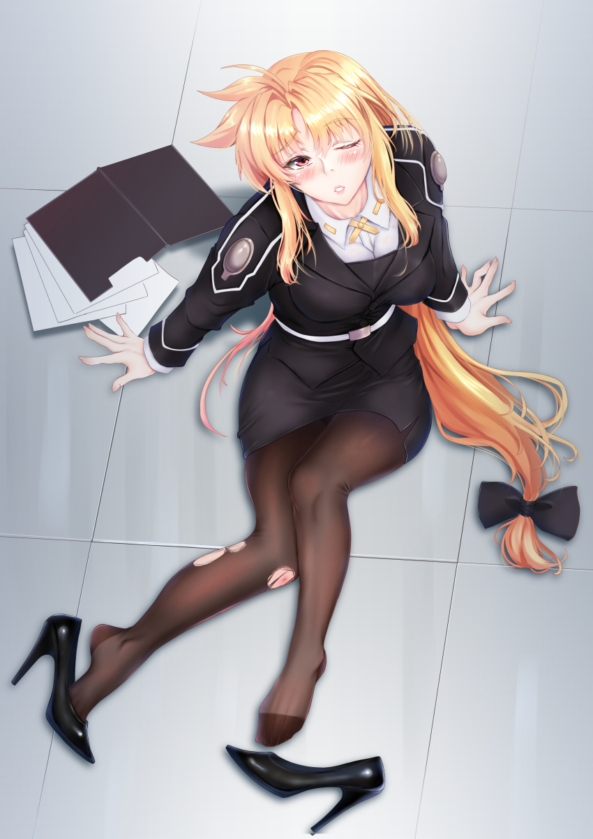 1girl absurdres black_bow black_jacket black_pantyhose black_shoes black_skirt blonde_hair blush bow breasts clenched_teeth clumsy commission fate_testarossa from_above full_body hair_bow high_heels highres jacket lips long_hair long_sleeves looking_at_viewer lyrical_nanoha mahou_shoujo_lyrical_nanoha_strikers medium_breasts miniskirt on_floor one_eye_closed one_side_up panties panties_under_pantyhose pantyhose papers pencil_skirt pixiv_commission red_eyes scratches shoes siki2046 sitting skirt solo teeth torn_clothes torn_pantyhose tripping underwear unworn_shoes very_long_hair wince