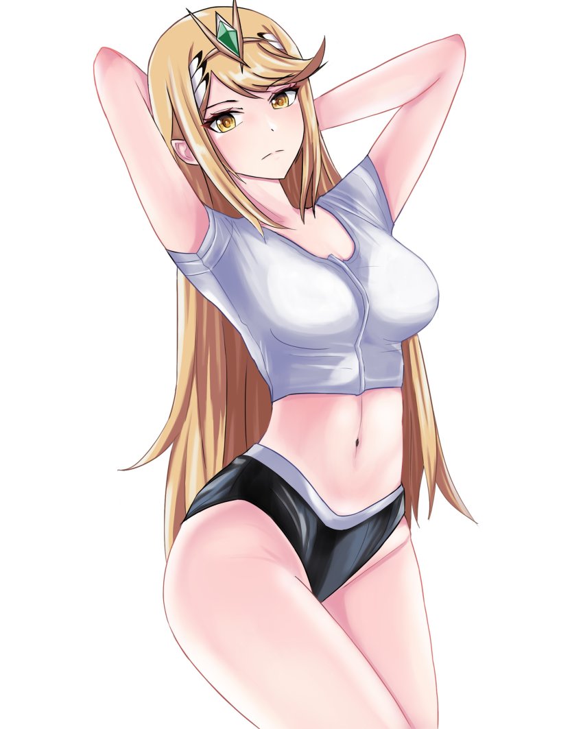 1girl absurdres arms_up black_shorts blonde_hair breasts cleavage crop_top highres langspower large_breasts long_hair looking_at_viewer medium_breasts mythra_(xenoblade) shirt shorts solo standing t-shirt tiara very_long_hair white_shirt xenoblade_chronicles_(series) xenoblade_chronicles_2 yellow_eyes