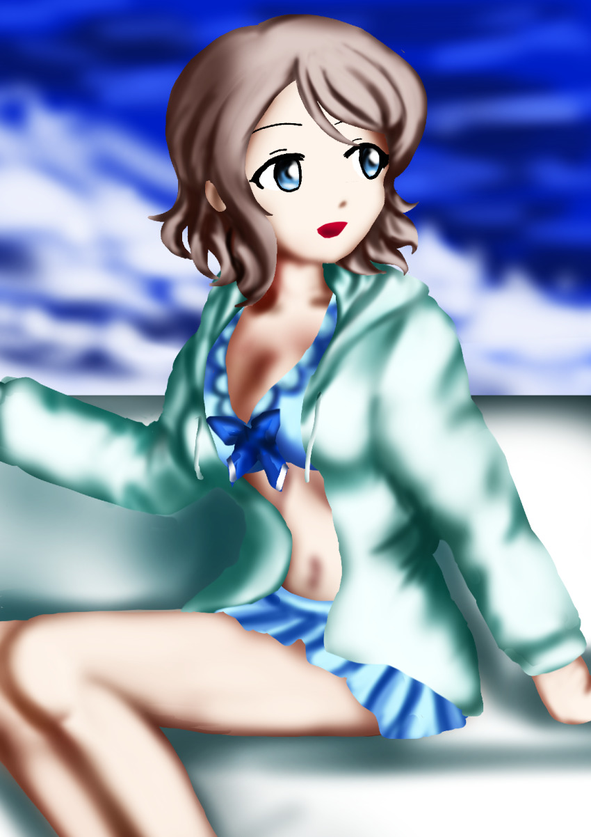 1girl aqua_eyes artist_name artist_request bare_legs bare_shoulders bikini bikini_skirt blue_bikini blue_bow blue_eyes blue_sky blush bow bow_bikini breasts brown_hair cleavage cloud collarbone day female_focus grey_hair hair_between_eyes highres jacket light_brown_hair looking_at_viewer looking_to_the_side love_live! love_live!_school_idol_festival love_live!_sunshine!! navel outdoors parted_lips short_hair sirjonesiii sitting sky sly small_breasts smile solo swimsuit watanabe_you