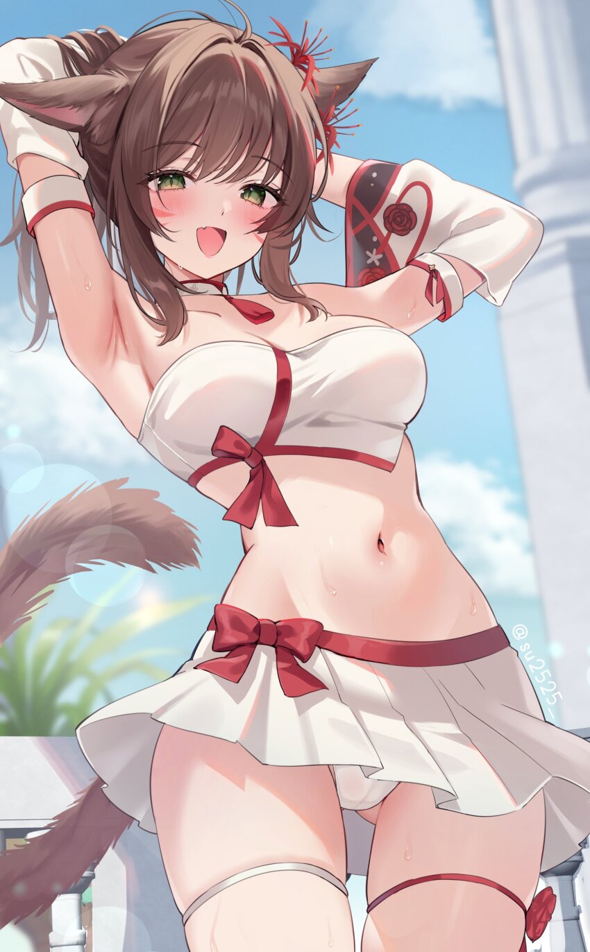 1girl absurdres animal_ears brown_hair cat_ears cat_girl cat_tail detached_sleeves facial_mark fang final_fantasy final_fantasy_xiv green_eyes highres miniskirt miqo&#039;te navel open_mouth outdoors panties ponytail skin_fang skirt slit_pupils strapless suzumori_(su2525) tail thigh_strap tube_top underwear warrior_of_light_(ff14) whisker_markings white_panties white_skirt