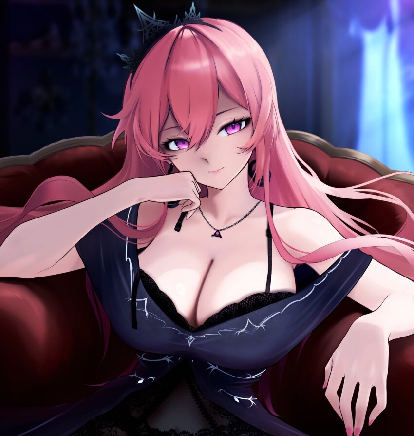 1girl bare_shoulders black_dress black_tiara bra breasts cafflin chain chain_necklace cleavage dress earrings hair_between_eyes hand_on_own_cheek hand_on_own_face head_tilt highres jewelry lace lace_bra large_breasts necklace phase_connect pink_hair pink_nails purple_eyes runie_ruse sitting snake_earrings tiara underwear virtual_youtuber