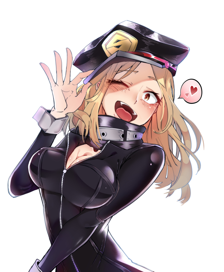 10s 1girl ;p black_bodysuit blonde_hair blush bodysuit boku_no_hero_academia breasts cleavage hat hat_tip heart highres kidmukuro large_breasts looking_at_viewer one_eye_closed open_mouth police_hat simple_background smile solo speech_bubble thought_bubble tongue tongue_out unzipped utsushimi_kemii white_background