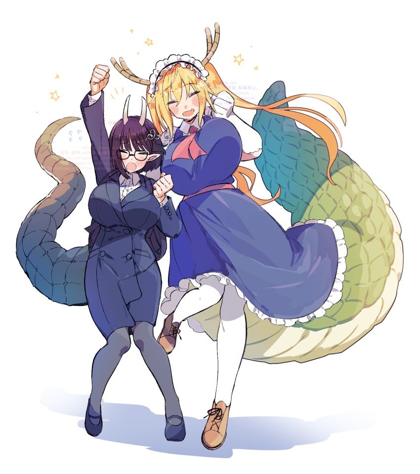 2girls arm_up biscione_(fate) biscione_(fate)_(first_ascension)_(fate) black_pantyhose blonde_hair blue_footwear breasts brown_footwear business_suit closed_eyes crossover dragon_girl dragon_horns dragon_tail dress elbow_gloves facing_viewer fate/grand_order fate_(series) formal_clothes frilled_dress frills full_body glasses gloves highres horns kobayashi-san_chi_no_maidragon large_breasts large_tail long_hair long_sleeves maid maid_headdress multiple_girls necktie open_mouth pantyhose pencil_skirt purple_hair red_necktie shirt simple_background skirt smile sugomori_tsuru_(hana_tsuru_wo) suit tail tohru_(maidragon) twintails white_background white_gloves white_shirt