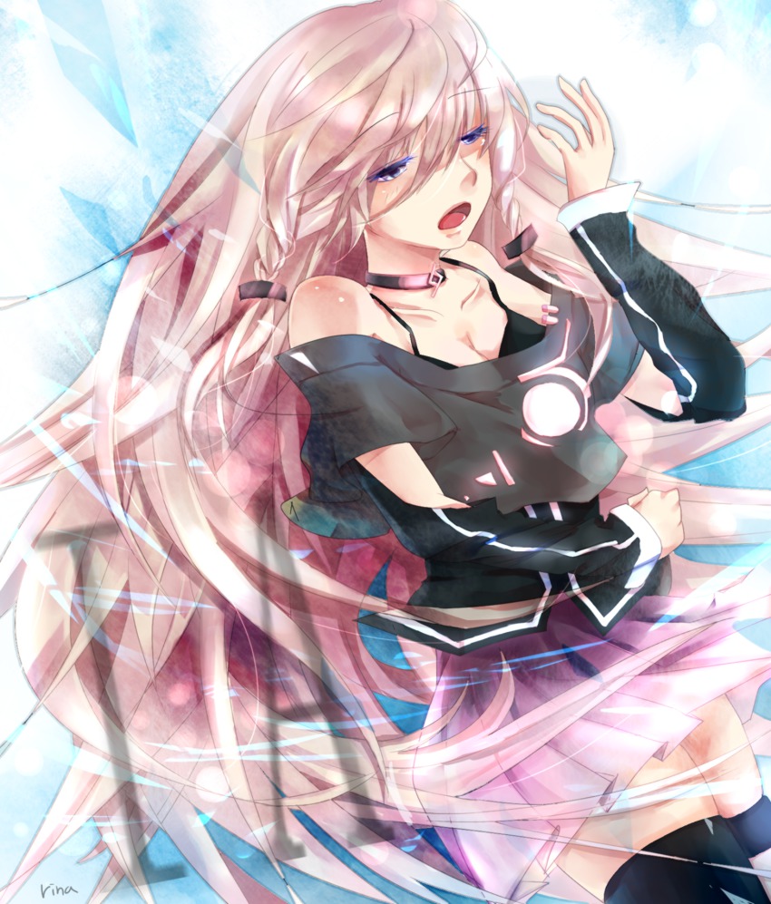 1girl bare_shoulders blue_eyes braid choker female_focus highres ia_(vocaloid) long_hair off_shoulder open_mouth pink_hair rina2627 skirt solo twin_braids very_long_hair vocaloid