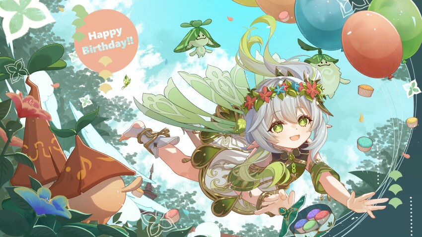 :d absurdres aranara_(genshin_impact) balloon bare_shoulders blue_flower blue_sky blush bracelet camunekoz cape cloud commentary_request crystalfly_(genshin_impact) cupcake day detached_sleeves dress floating flower flower_wreath food genshin_impact gold_trim gradient_hair green_cape green_eyes green_hair green_sleeves hair_between_eyes hair_ornament head_wreath highres jewelry leaf_hair_ornament long_hair looking_at_viewer multicolored_hair nahida_(genshin_impact) open_mouth outdoors pointy_ears red_flower side_ponytail sky sleeveless sleeveless_dress smile star-shaped_pupils star_(symbol) stirrup_legwear symbol-shaped_pupils toeless_legwear toes white_dress white_hair