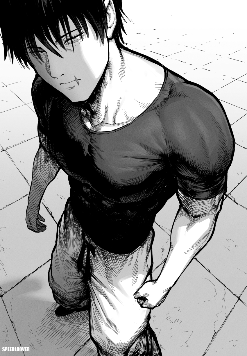 1boy 1girl absurdres commentary fushiguro_touji greyscale hair_between_eyes highres jujutsu_kaisen large_pectorals looking_at_viewer male_focus mature_male monochrome muscular muscular_male pants pectorals scar scar_on_face scar_on_mouth shirt short_hair short_sleeves solo speedl00ver tile_floor tiles