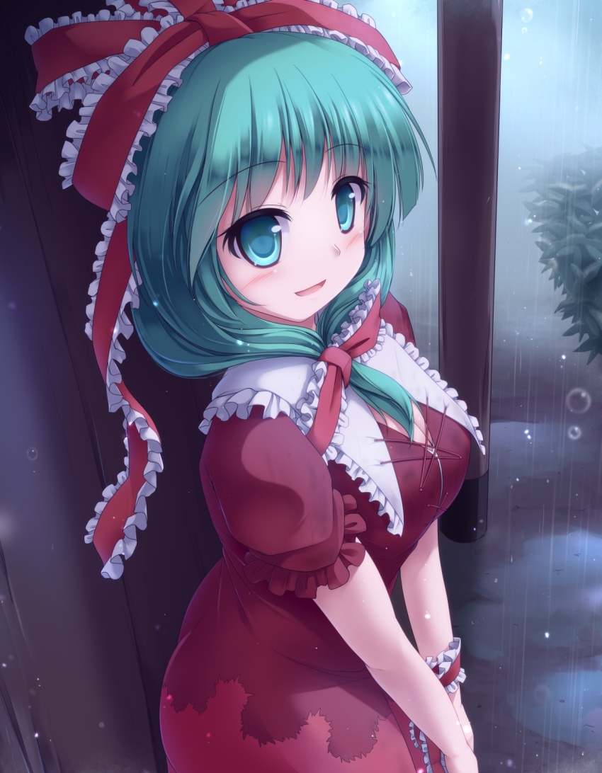 1girl aqua_eyes aqua_hair bow breasts cleavage commentary_request dress female_focus front_ponytail hair_bow highres kagiyama_hina large_breasts long_hair looking_at_viewer lzh open_mouth rain red_dress ribbon shelter smile solo touhou wrist_ribbon