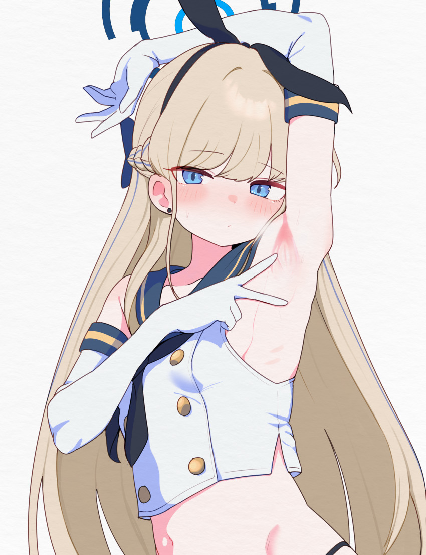 1girl absurdres armpits black_neckerchief blonde_hair blue_archive blue_eyes blue_halo closed_mouth commission cosplay elbow_gloves gloves grey_background halo highres kantai_collection lk149 long_hair looking_at_viewer navel neckerchief pixiv_commission presenting_armpit shimakaze_(kancolle) shimakaze_(kancolle)_(cosplay) simple_background solo toki_(blue_archive) upper_body white_gloves