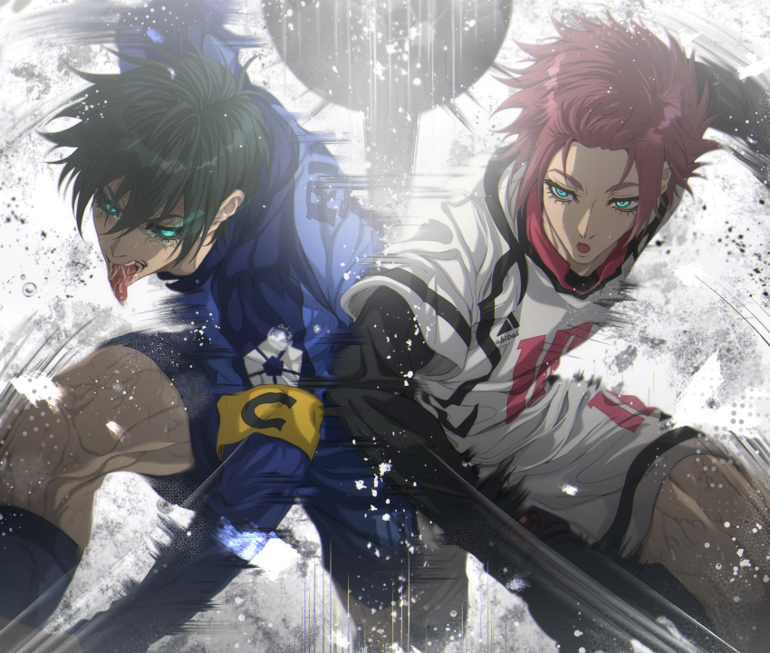 2boys blue_lock blue_socks green_eyes hair_between_eyes highres itoshi_rin itoshi_sae kagura_kurosaki long_sleeves male_focus multiple_boys open_mouth red_hair shirt short_hair soccer_uniform socks sportswear tongue tongue_out v-shaped_eyebrows