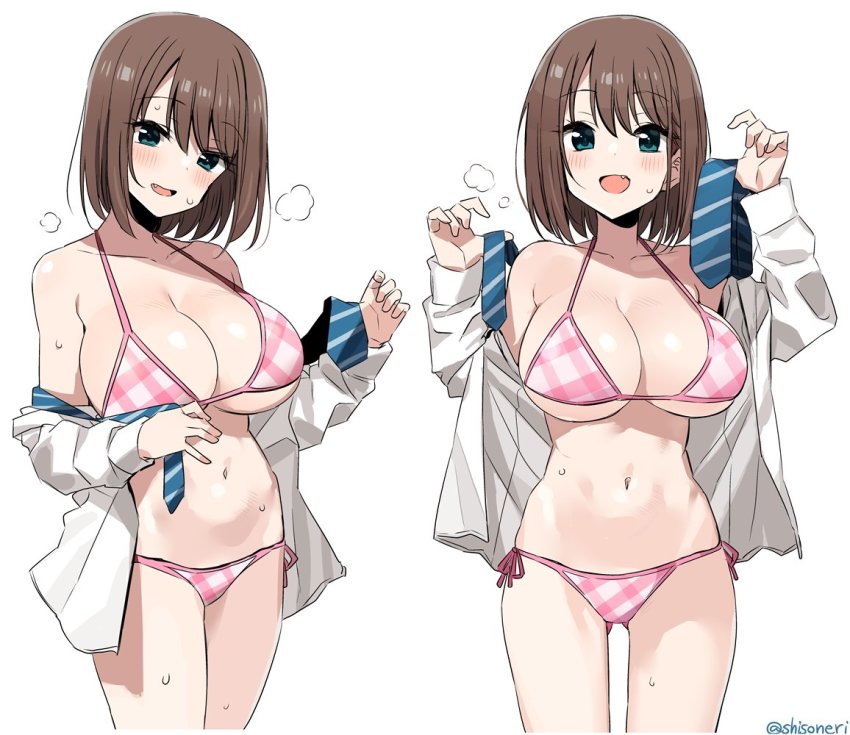 1girl :d bare_shoulders bikini blue_eyes blush breasts brown_hair cleavage collarbone cowboy_shot fang halterneck large_breasts looking_at_viewer multiple_views navel necktie no_pants off_shoulder open_clothes open_mouth open_shirt pink_bikini plaid_bikini plaid_clothes saki saki_(manga) saki_achiga-hen shirt shisoneri short_hair side-tie_bikini_bottom simple_background smile standing stomach string_bikini striped_neckwear sweat swimsuit thighs unozawa_shiori white_background white_shirt