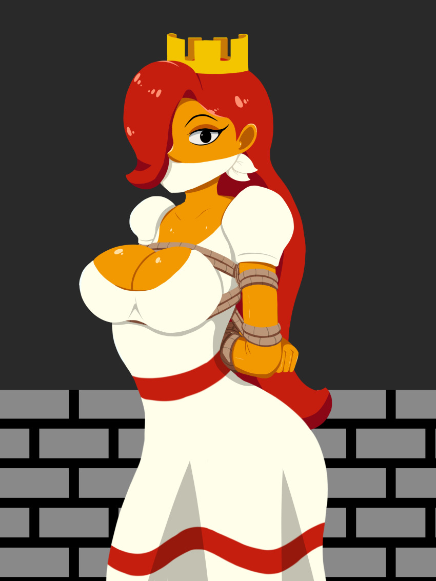 absurdres bdsm bondage bound breasts cloth_gag crown dark-skinned_female dark_skin dress gag gagged highres improvised_gag large_breasts long_hair looking_at_viewer mario_(series) nintendo palette_swap princess princess_peach red_hair shibari super_mario_bros._1 user_prwa2375 white_dress