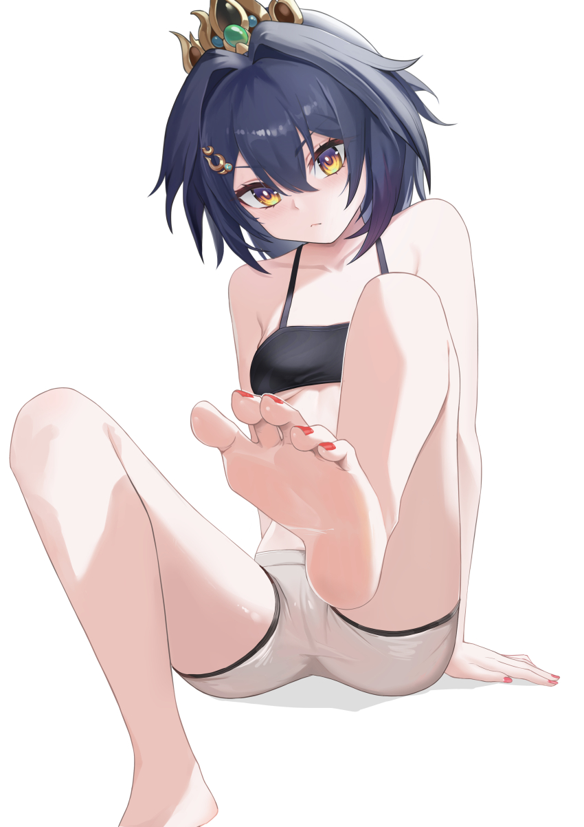 1girl absurdres barefoot black_hair feet foot_focus highres honkai:_star_rail honkai_(series) light_blush long_hair looking_at_viewer nail_polish red_nails short_shorts shorts skin_tight soles toenail_polish toenails toes yellow_eyes yizi_(yizi_official) yunli_(honkai:_star_rail)