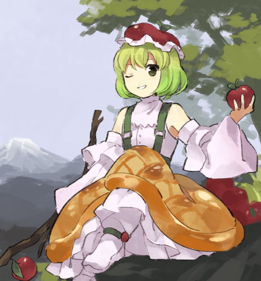 1girl ankleband apple apple_girlington borrowed_design branch detached_sleeves dress foliage food fruit fruit_hat gradient_hair green_eyes green_hair green_suspenders hat highres holding holding_branch holding_food holding_fruit kaigen_1025 looking_at_viewer mob_cap mountain multicolored_hair on_rock one_eye_closed original outdoors puffy_detached_sleeves puffy_sleeves rock shirt shoes short_hair sitting smirk solo suspenders touhou tree white_footwear white_shirt white_sleeves