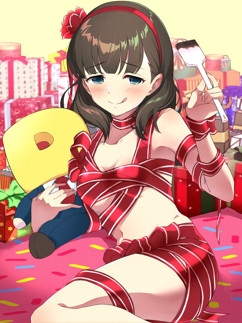 1girl :q absurdres aqua_eyes blush box breasts brown_hair chocolate commentary_request gift gift_box hairband highres holding holding_spatula hugging_doll hugging_object idolmaster idolmaster_cinderella_girls large_breasts medium_hair naked_ribbon nanananananasea navel p-head_producer producer_(idolmaster) red_hairband red_ribbon ribbon sakuma_mayu small_breasts smile spatula stuffed_toy tongue tongue_out