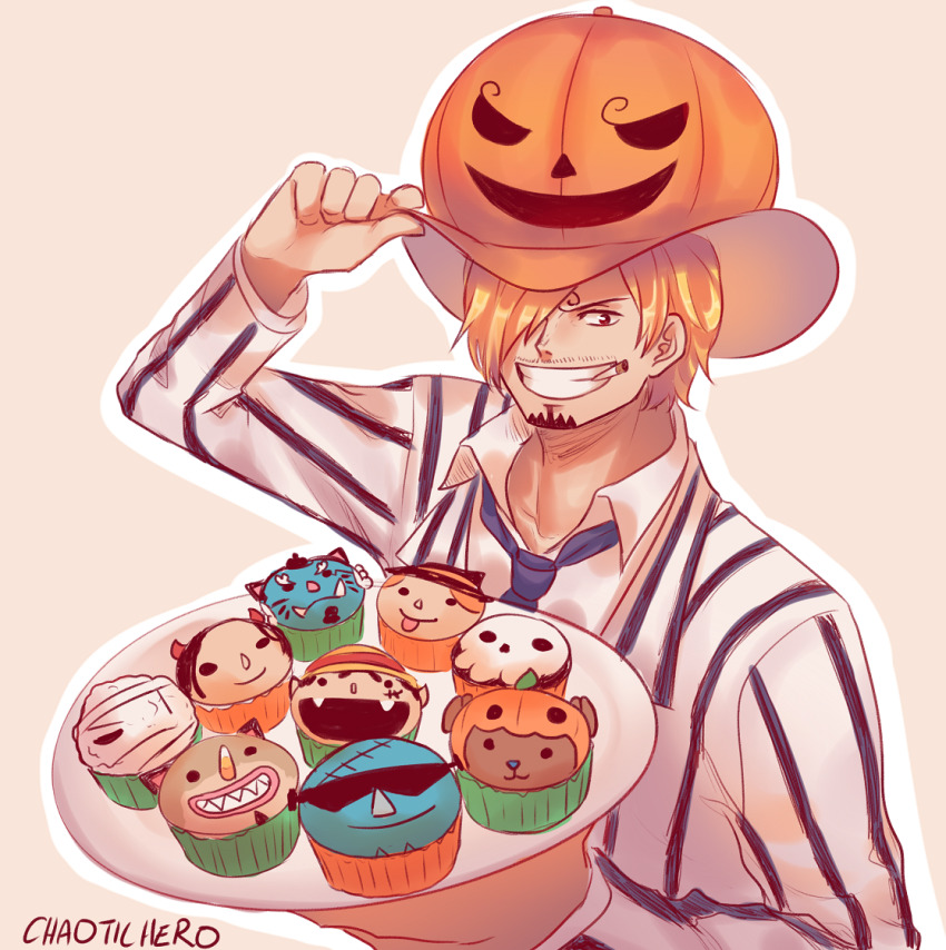 1boy artist_name blonde_hair blue_necktie caydeus cigarette commentary curly_eyebrows english_commentary facial_hair food goatee holding holding_plate looking_at_viewer muffin mustache_stubble necktie one_piece orange_background plate pumpkin_hat sanji_(one_piece) short_hair simple_background smile striped_clothes stubble vertical-striped_clothes