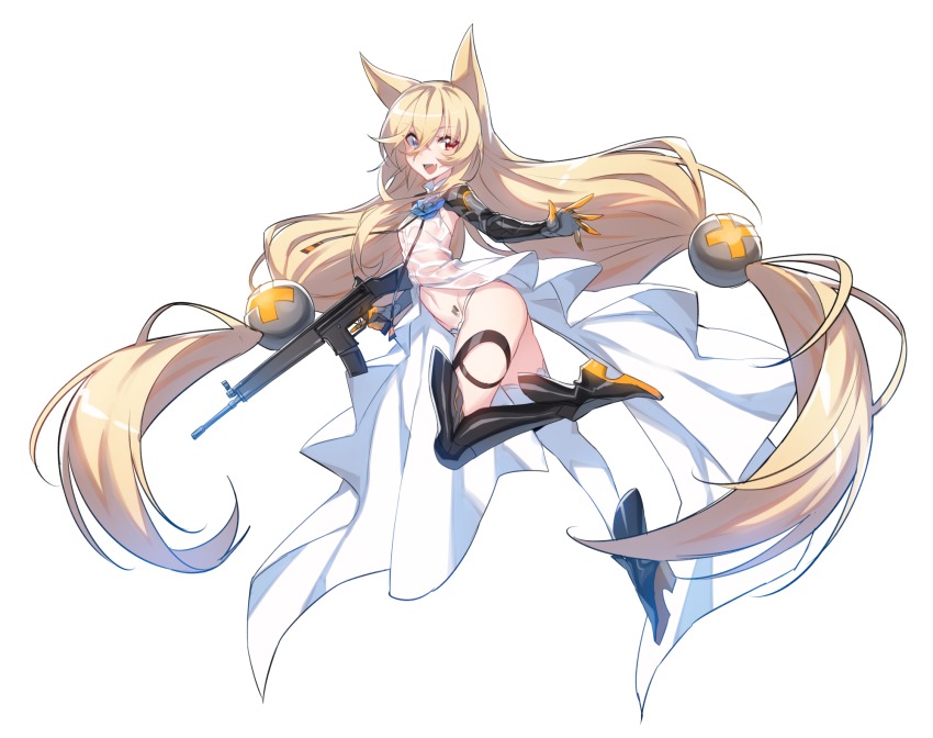 1girl absurdly_long_hair animal_ears assault_rifle asymmetrical_legwear barcode barcode_tattoo black_footwear black_thighhighs blonde_hair blue_eyes boots dress elbow_gloves fang female_focus flower from_side full_body g41_(girls&#039;_frontline) girls&#039;_frontline gloves gun h&amp;k_g41 hair_between_eyes heckler_&amp;_koch heterochromia high_heel_boots high_heels highres holding holding_gun holding_weapon leg_up long_hair looking_at_viewer low-tied_long_hair low_twintails mismatched_legwear navel open_mouth outstretched_arm panties red_eyes rifle see-through_clothes simple_background sleeveless sleeveless_dress solo supernew tattoo thigh_boots thigh_strap thighhighs trigger_discipline twintails underwear very_long_hair weapon white_background white_panties white_thighhighs