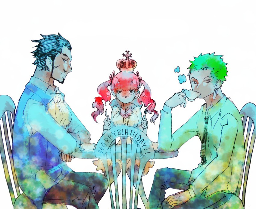 1girl 2boys birthday black_hair blunt_bangs chair crown dracule_mihawk green_hair happy_birthday kuraigana_island looking_at_viewer multiple_boys one_piece perona pink_hair roronoa_zoro sitting table twintails zennjinnrui