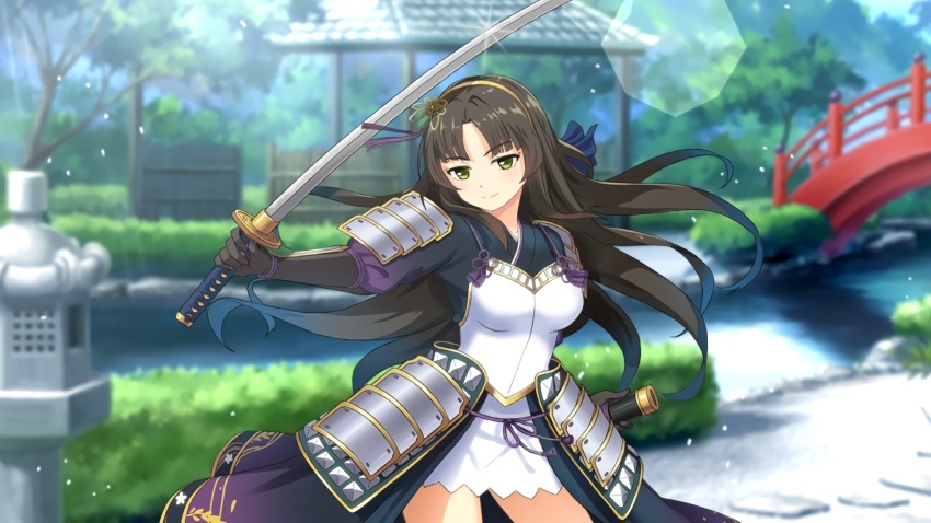 1girl armor blurry blurry_background breasts bridge brown_hair closed_mouth cowboy_shot day dress game_cg gloves green_eyes highres holding holding_sword holding_weapon large_breasts long_hair long_sleeves looking_at_viewer moe!_ninja_girls moe!_ninja_girls_rpg official_alternate_costume official_art outdoors river saion-ji_enju shoulder_armor solo sword third-party_source very_long_hair weapon