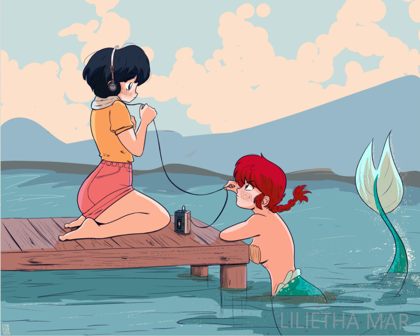 2girls artist_name barefoot black_hair braid braided_ponytail cable cloud cloudy_sky commentary day english_commentary feet fins fish_tail freckles headphones lake landscape lilietha long_hair mermaid monster_girl monsterification multiple_girls outdoors pier pink_shorts ranma-chan ranma_1/2 red_hair seiza shell shell_bikini shirt short_hair short_shorts shorts sitting sky tail tape_recorder tendou_akane yellow_shirt