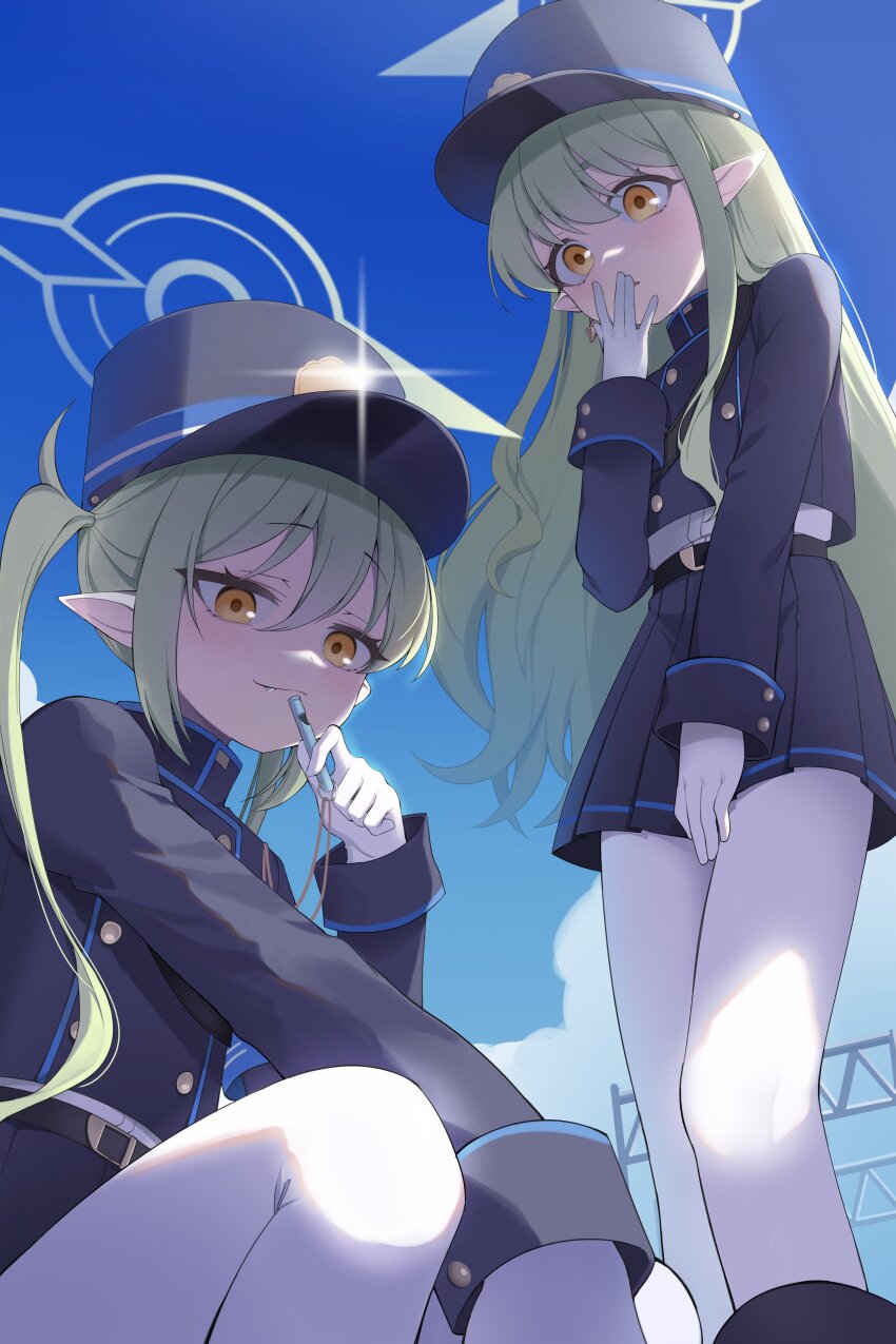 2girls absurdres belt black_belt black_hat black_jacket black_shorts black_skirt blue_archive blush buttons closed_mouth day ddungddang double-breasted fang gloves green_hair green_halo hair_between_eyes halo hat highres hikari_(blue_archive) holding holding_whistle jacket long_hair long_sleeves multiple_girls nozomi_(blue_archive) open_mouth outdoors pantyhose peaked_cap pleated_skirt pointy_ears shorts siblings sidelocks sisters skirt twins twintails whistle white_gloves white_pantyhose yellow_eyes