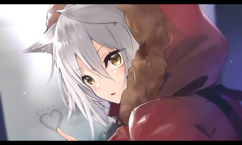 1girl animal_ears arknights blonde_hair coat commentary_request from_side fur-trimmed_hood fur_trim fur_trimm glass_writing hair_between_eyes heart highres hood hood_up kyomu_(kyomu_lwl) letterboxed long_hair looking_at_viewer looking_to_the_side parted_lips projekt_red_(arknights) red_coat silver_hair smile solo translation_request upper_body