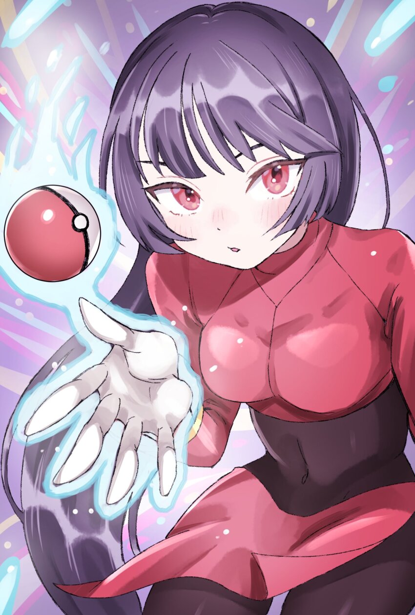 1girl black_hair blunt_bangs blush breasts creatures_(company) crop_top game_freak gloves highres long_hair long_sleeves looking_at_viewer navel nintendo open_mouth pantyhose plum0o0 poke_ball poke_ball_(basic) pokemon pokemon_frlg pokemon_tcg pokemon_tcg_pocket red_eyes sabrina_(pokemon) side_slit skirt solo telekinesis white_gloves