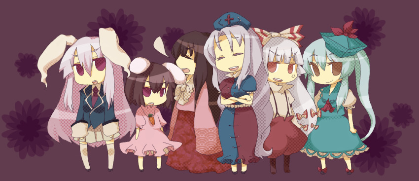 6+girls animal_ears azuma_seiji bad_id bad_pixiv_id black_hair rabbit_ears chibi everyone female_focus fujiwara_no_mokou hat houraisan_kaguya inaba_tewi kamishirasawa_keine long_hair multiple_girls purple_hair reisen_udongein_inaba ribbon short_hair touhou white_hair yagokoro_eirin