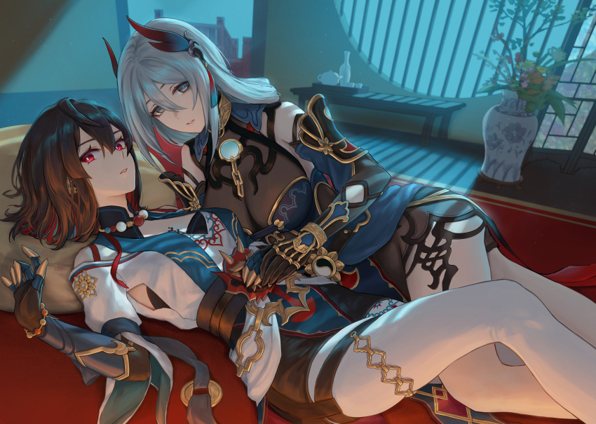 2girls architecture black_gloves blue_hair blue_pupils breasts bright_pupils brown_hair chest_tattoo chinese_clothes clothing_request colored_inner_hair commentary_request east_asian_architecture feather_hair_ornament feathers gloves hair_between_eyes hair_ornament hanya_(honkai:_star_rail) highres honkai:_star_rail honkai_(series) indoors large_breasts long_hair looking_at_viewer lying medium_breasts michiko_(ui29) multicolored_hair multiple_girls on_side pantyhose parted_lips red_eyes red_hair short_hair siblings sisters tattoo white_hair white_pantyhose white_pupils xueyi_(honkai:_star_rail)