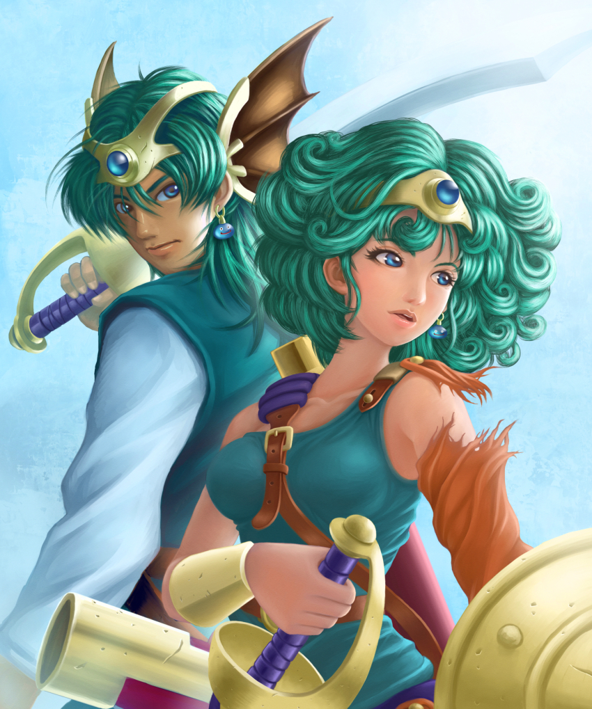 1boy 1girl ameisensou bare_shoulders blue_eyes buckler curly_hair dragon_quest dragon_quest_iv earrings gradient_background green_hair headpiece hero_(dq4) heroine_(dq4) highres jewelry looking_back over_shoulder sheath shield slime_(dragon_quest) sofia_(toushinden) sword weapon wrist_guards yuusha_(maoyuu)