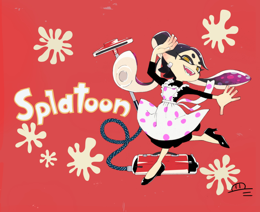 1girl absurdres alternate_costume apron black_hair callie_(splatoon) dress earrings fangs high_heels highres jewelry ke_sarami looking_at_viewer maid maid_apron nintendo polka_dot polka_dot_apron splatoon_(series) turtleneck turtleneck_dress vacuum_cleaner