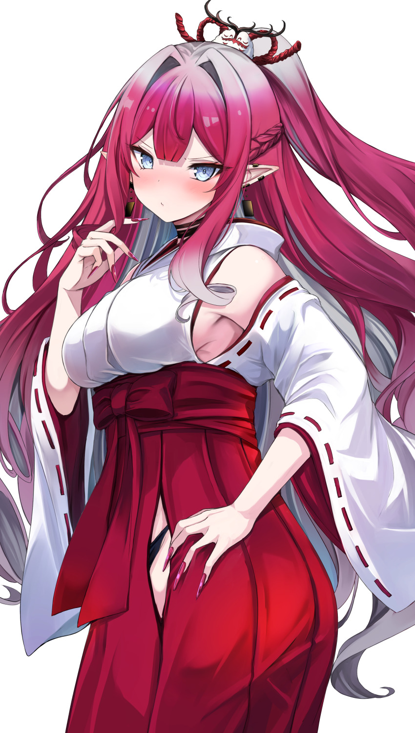 1girl absurdres baobhan_sith_(fate) blush breasts detached_sleeves earrings fate/grand_order fate_(series) full_body grey_eyes hakama hakama_skirt highres japanese_clothes jewelry kimono large_breasts long_hair looking_at_viewer miko pink_hair pointy_ears red_hakama red_nails ribbon-trimmed_sleeves ribbon_trim shibakame sideboob simple_background skirt solo tiara white_kimono wide_sleeves