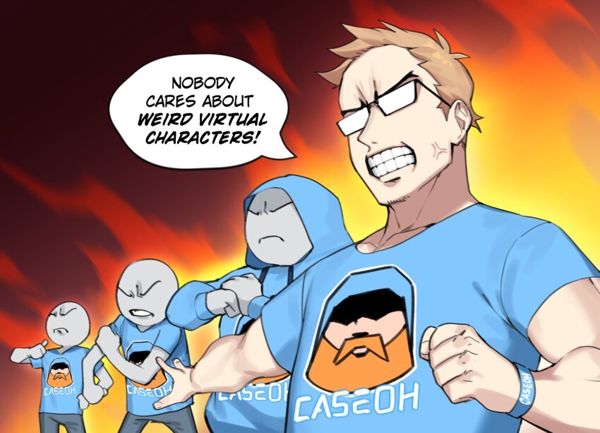 2boys 3others anger_vein artist_collaboration beard caseoh clenched_teeth commentary dasdokter english_commentary english_text facial_hair glasses hair_over_eyes highres merryweather multiple_boys multiple_others real_life shirt speech_bubble t-shirt teeth