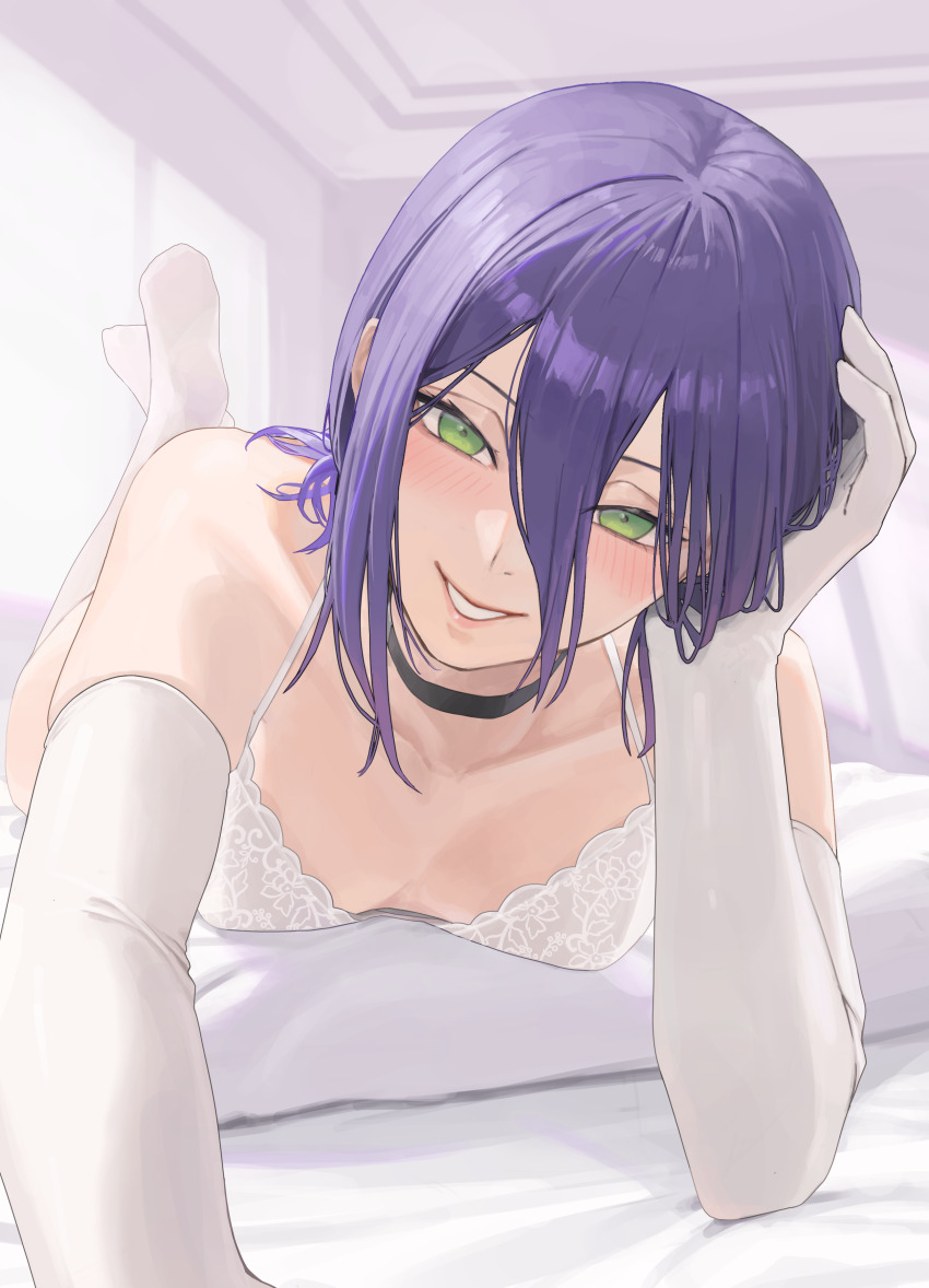 1girl absurdres ano_(gccx8784) bed_sheet black_choker blush bra chainsaw_man choker collarbone commentary_request elbow_gloves feet_up gloves hair_between_eyes head_rest highres indoors long_hair_between_eyes looking_at_viewer lying on_stomach partial_commentary pillow purple_hair reze_(chainsaw_man) selfie smile socks solo underwear white_bra white_gloves white_socks