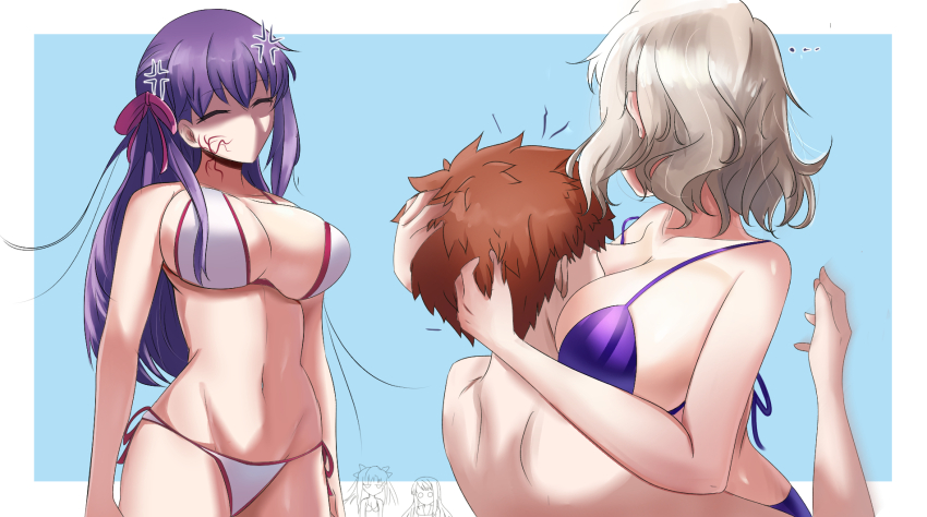 1boy 6+girls bikini breast_smother breasts cleavage day emiya_shirou face_to_breasts false_smile fate/hollow_ataraxia fate_(series) highres illyasviel_von_einzbern large_breasts leysritt_(fate) matou_sakura multiple_girls navel orange_hair red_hair shokobr smile string_bikini striped_bikini striped_clothes swimsuit tohsaka_rin vertical-striped_bikini vertical-striped_clothes white_bikini