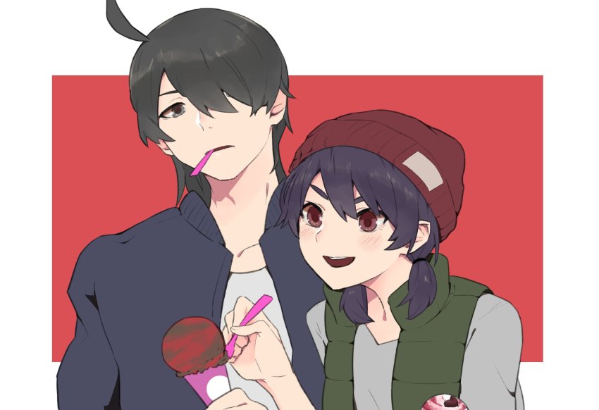 1boy 1girl ahegao ahoge araragi_koyomi beanie black_eyes black_hair blue_jacket bomber_jacket bunches food green_jacket grey_shirt hair_over_one_eye hat highres ice_cream jacket je8 kanbaru_suruga long_sleeves looking_at_food looking_at_viewer monogatari_(series) open_mouth purple_hair red_eyes shirt sleeveless sleeveless_jacket twintails