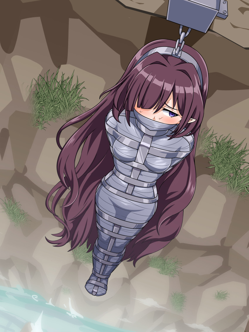 1girl absurdres bdsm blush bound breasts brown_hair cage chain cliff duct_tape eta_(kage_no_jitsuryokusha_ni_naritakute!) full_body gag hair_over_one_eye highres immobilization improvised_gag kage_no_jitsuryokusha_ni_naritakute! long_hair medium_breasts mummification_(bound) pointy_ears purple_eyes suspension tape tape_bondage tape_gag thalter39o upright_restraints very_long_hair