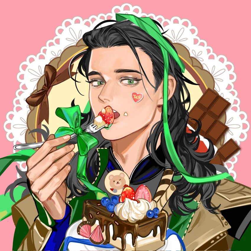 1boy black_hair bow brown_bow cake cake_slice candy chocolate chocolate_bar coat commentary_request food food_on_face fork fruit green_bow green_coat green_eyes hand_up heart_stickers highres holding holding_fork lapels loki_(marvel) looking_at_viewer male_focus marvel marvel_cinematic_universe medium_hair open_mouth plate solo star_sticker strawberry strawberry_slice teeth upper_body wavy_hair wuhen678