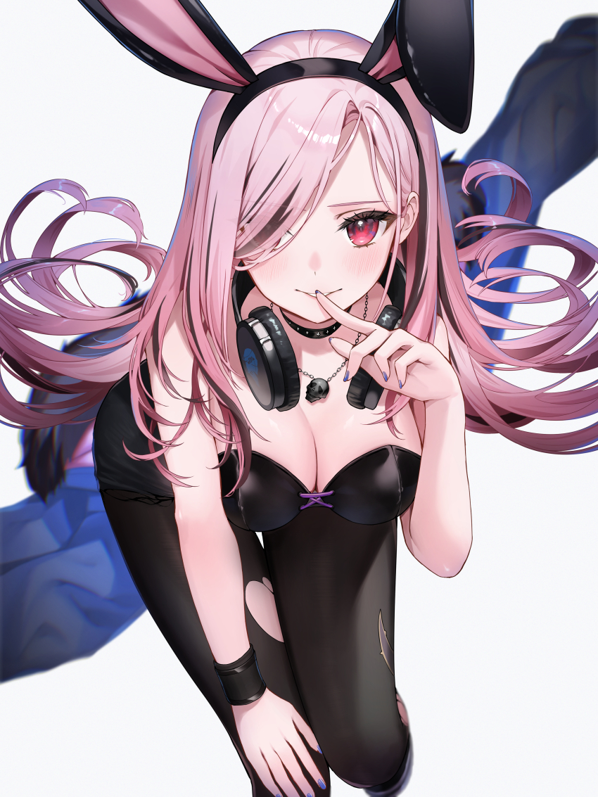 1girl absurdres animal_ears bare_shoulders bent_over black_choker black_corset black_hairband black_pantyhose black_shorts blurry blurry_background blush breasts choker cleavage commentary_request corset finger_to_mouth hair_over_one_eye hairband headphones headphones_around_neck highres hololive hololive_english jacket jewelry large_breasts long_hair looking_at_viewer mori_calliope mori_calliope_(rock_bunny) multicolored_hair nail_polish necklace official_alternate_costume official_alternate_hairstyle pantyhose pink_eyes pink_hair purple_nails rabbit_ears runlan_0329 shorts skull_necklace smile solo streaked_hair torn_clothes torn_pantyhose unworn_jacket virtual_youtuber