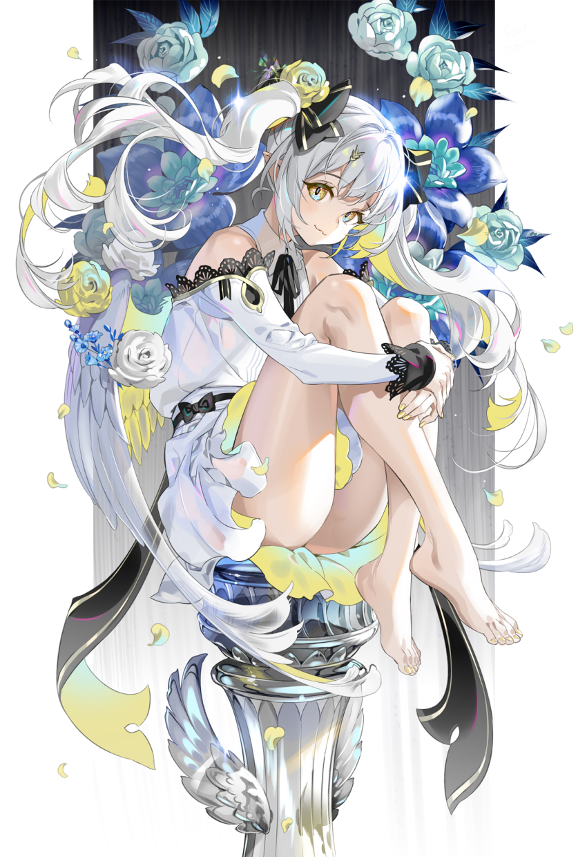 1girl :3 barefoot closed_mouth highres hugging_own_legs long_sleeves looking_at_viewer midori_foo original pillar pointy_ears sitting solo twintails white_hair wings