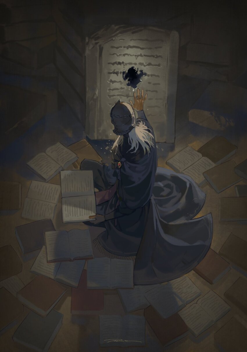 1boy black_cloak black_pants black_robe book cloak elden_ring elden_ring:_shadow_of_the_erdtree full_body hand_up helmet highres holding holding_book indoors long_hair long_sleeves male_focus pants robe ruint sir_ansbach sitting solo stone_tablet